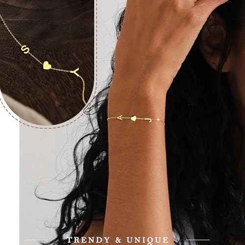 Gold Initial Bracelets for Women - Initial Bracelet Teen Gifts Trendy Stuff Stocking Stuffers for Teens Mom Christmas Gifts for Grandma Wife Best Friend Birthday Gift for Women with 2 Initials Back to School Stuff Heart Adjustable Link Bracelet Anniversary Jewelry for Girlfriend Wife Sister2