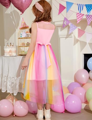 Image of Arshiner Girls Dresses Formal Party Wedding Tulle Sleeveless Contrast Mesh High Low Dress with Belt