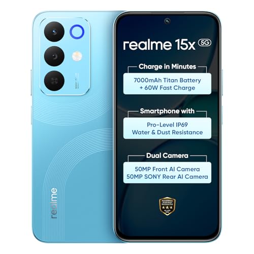 Image of realme 15X 5G Smartphone 8+128GB Aqua Blue, 6.8-inch Screen, 144Hz Display,7000mAh Battery, 60W Fast Charging, 50+50MP AI Camera,Dimensity 6300 6nm Octa-core chipset Processor, IP69