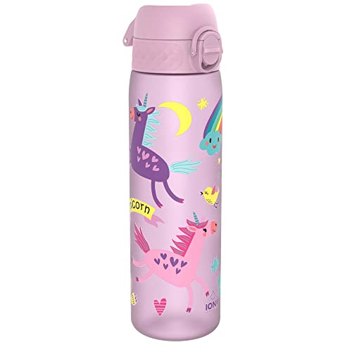 ion8 Botella Agua, 500ml, a Prueba de Fugas, Fácil de Abrir, Cerradura Segura, Apta para Lavavajillas, Sin BPA, Asa de Transporte, Fácil de Limpiar, Neutro en Carbono, Unicornios, Lila
