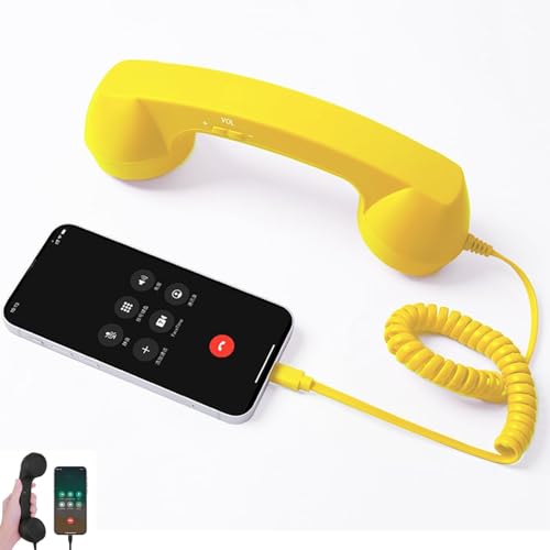 Auricular retro para teléfono, receptor de teléfono con cable de estilo vintage para teléfonos móviles, mango clásico de línea fija con altavoz y micrófono para llamadas y videollamadas (amarillo)