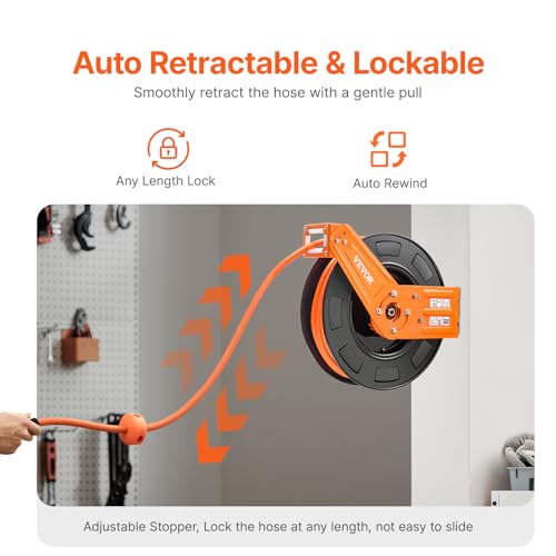 VEVOR Druckluftschlauch Schlauchtrommel, 9,52 mm x 19,81 m Hybrid-Luftschlauch, max. 300 PSI, Schlauchaufroller mit automatischem Aufrollen & Zuleitung, für Decken-/Wandmontage für Werkstatt & Garage