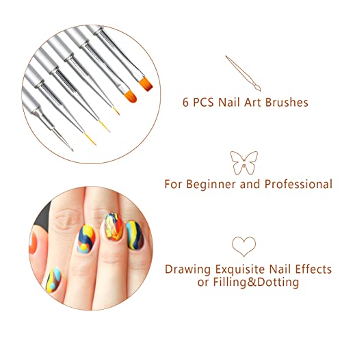 6PCS Nail Art Brushes Set for Gel Nail with Lid and Dotting Tool LEA-SHALL Liner/Flat/Round/Dot UV Builder Nail Painting Pen Kit Fine Brush DIY Decoration Home Salon Design Aluminum - Image 2