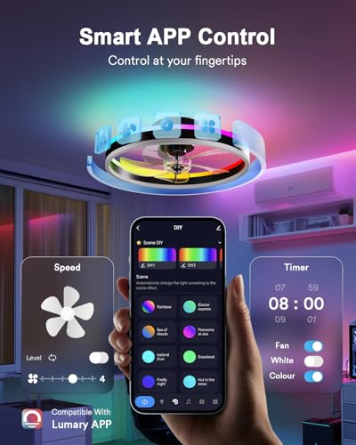 Image of Lumary Smart WiFi Ceiling Fans with Lights, Low Profile Flush Mount Black