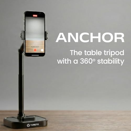 Image of Toreto Anchor Table Top Mobile Holder with 360 Ball Rotation & 180 Folding Arm, Height Adjustable 22-41 cm Desktop Lift Stand, Multi-Camera Phone Stand for Video Recording & Live Streaming (Black)