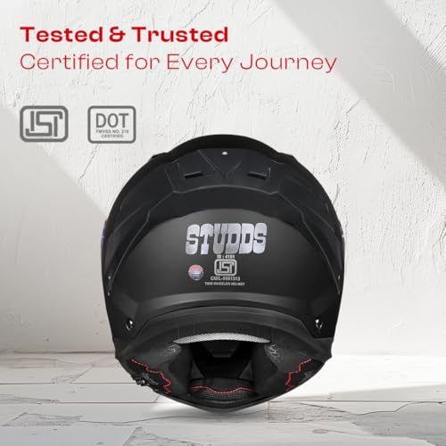 Image of STUDDS Helios ISI and DOT Certified Full Face Helmet with Antifog 100 Lens, Sporty Spoiler (MATT Black - L)