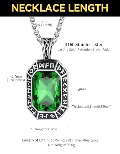 Image of ChainsHouse Viking Rune Pendant Necklace for Men Women, Punk Biker Black Metal /316L Stainless Steel Onyx Norse Vintage Amulet Necklaces with Black /Red /Green /Blue Gemstone, Send Gift Box