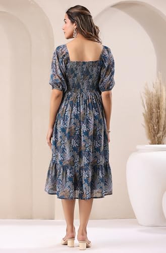 Image of Janasya Women's Teal Georgette Floral Printed Tiered Dress