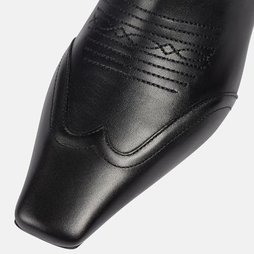 Women's Square Toe Kitten Heel Cowboy Boots Fashion Embroidered Pull On Wide Calf Cowgirl Boots Fall Winter Dressy Chunky Heel Western Boots for Women4