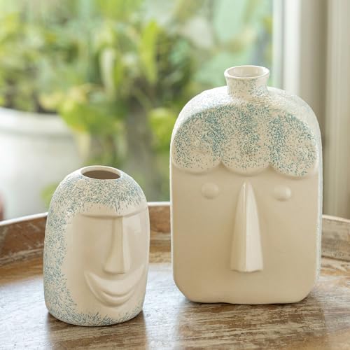 Image of ExclusiveLane 'Earthen Face' Decorative Ceramic Flower Vase For Living Room Ceramic Vase for Home Decor Side Table Show Case Flower Vases Showpiece Gifts (Set of 2, 22.4 Cm, Handglazed Studio Pottery)