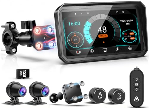 Image of 2026 LBW 6 inch Wireless GPS Motorcycle CarPlay (Includes 128G SD) with Android Auto Navigation, Dual 2K Dash Cam, HD Waterproof Screen, TPMS, Remote Control, BT, Quick Release Magnetic Design Mount