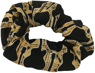 Hair Elastic Scrunchie - Guitars - Golden Yellow-Colored Hair Tie with Black Electric Guitar Silhouettes - Rock or Country Musical Pattern - Gift, Stocking Stuffer, or Ponytail Fashion Accessory