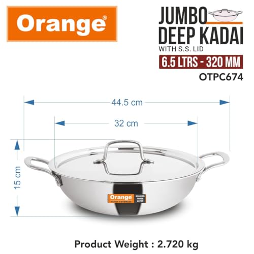 Image of Orange Triply Jumbo Stainless Steel Deep Kadai with Steel Lid (S.S. Lid) 6.5 LTR, 32cm Diameter | Induction Friendly | Heavy Bottom with Cool Touch Handle | 2.5mm Thickness | 5Year Warranty