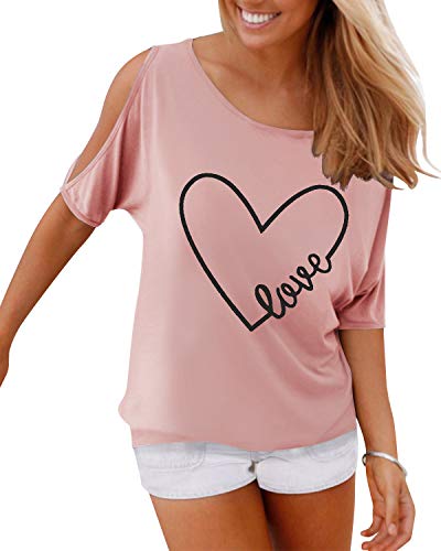 YOINS Femme Tee-Shirt Été Chic Tops Manches Courtes Épaules Dénudées Haut Blouse Col Round T-Shirt Grande Taille Cœur-Rose S Cover