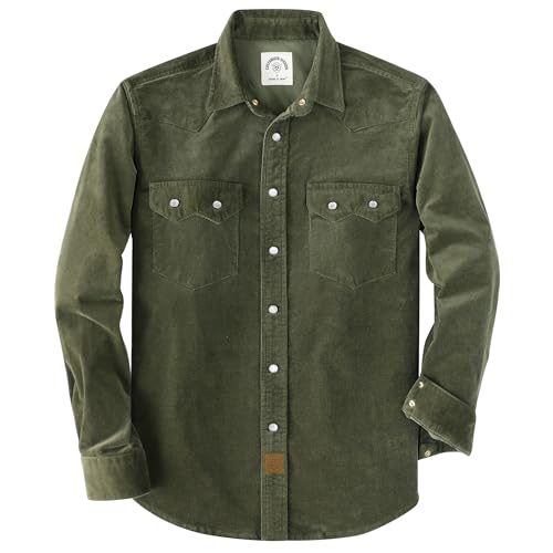 Dubinik® 10 oz Ultra Heavyweight Corduroy Pearl Snap Shirt Men Western Vintage Jacket Long Sleeve Casual Cotton 2 Pockets Army Green