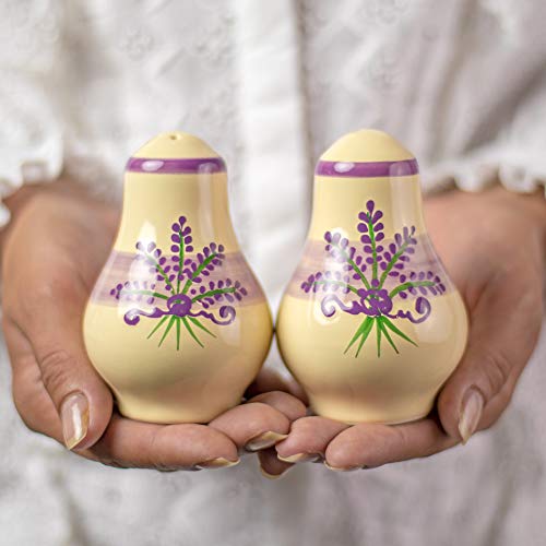 Black Friday 🔥 Handmade Lavender Floral Purple And Cream Ceramic Salt and Pepper Pots, Shakers, Cruet Set, Holder, Housewarming Gift by City to Cottage®