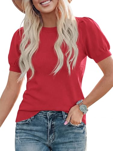 Image of PRETTYGARDEN Womens Sweaters Spring 2026 Summer Puff Short Sleeve Sweater Trendy Cute Knit Work Blouses Business Casual Tops