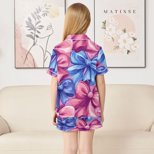 Satin Pajama Sets Short Sleeve Large Colorful Bow Pattern Button Down Silky Nightwear 2 Piece PJS 5-14Y4