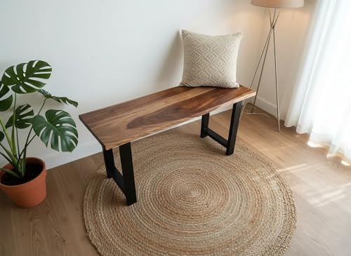 Image of REDWOOD Solid Sheesham Wood 2 Seater Bench for Living Room | Wooden Dining Bench Without Cushion for Home | Patio Outdoor & Balcony Seating Furniture | Black Coated Iron Metal Legs | Brown