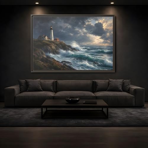 Tableau phare tempête grand format 120x80cm pour salon