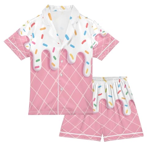ALAZA 3d Ice Cream Lovely Stylish Satin Pajamas Set Short Sleeve Button Down Sleepwear Summer Pjs 2 Piece