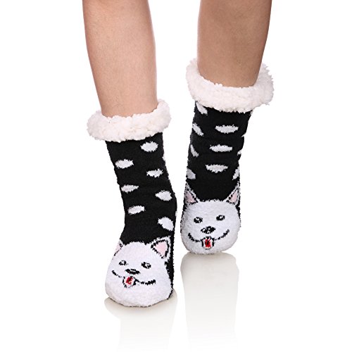 FNOVCO Womens Fuzzy Cozy Cute Cartoon Animal Non-Slip Winter Thermal Slipper Socks (Dog)
