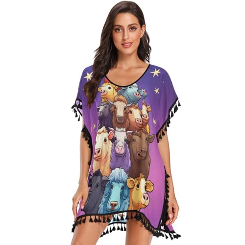 Doodle Art Animal Cow Women's Beach Cover Up Chiffon Tassel Swimwear Swimsuit Coverups for Girl
