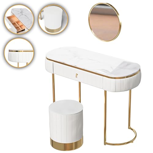 Makika Table de Maquillage/Coiffeuse avec Tabouret et Miroir - Maquillage Vanité Rangement Coiffure Cosmétique Commode Or Cadre Organisateur - Bijoux 1 Tiroir Meubles...