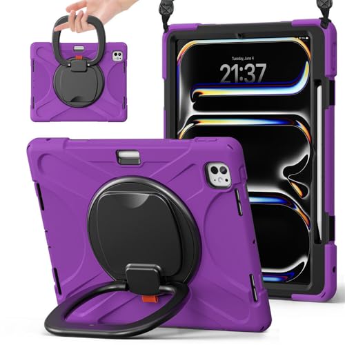 Étui pour iPad Pro 13 (M5/M4) JZ - Coque de protection violette avec support rotatif et bandoulière
