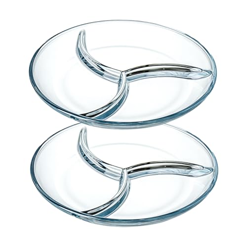 GBACHOOSE 2 piatti in vetro da 25 cm, con scomparti, ciotola per snack, piatto da portata, piatto con divisione, piatto da dessert in vetro per forno a microonde e lavastoviglie
