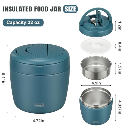 Image of wiwens Thermo Food Jar for Hot Food Adults 32OZ Soup Thermo Lunch Containers Wide Mouth Vacuum Insulated Stainless Steel Leakproof Bento Box with Spoon (lake blue)