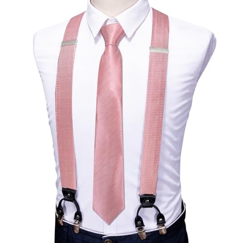 Image of Barry.Wang Men Suspender Set with Necktie Elastic Y Type Heavy Duty 6 Clips Braces Tie Handkerchief Cufflink Pin 6PCS