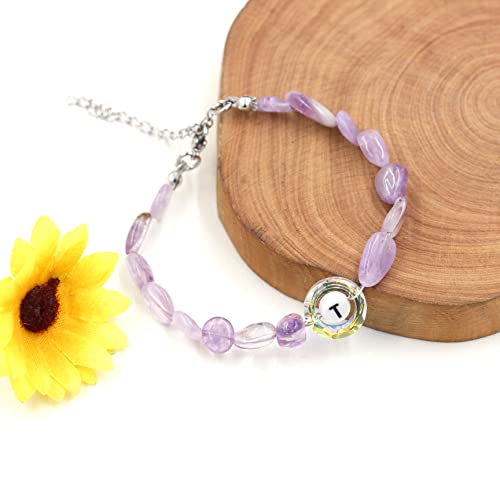 Image of Uloveido Purple Natural Stone and Austrian Crystal Letter Bracelet, Personalized Initial Jewelry for Women A-Z 26 Letters