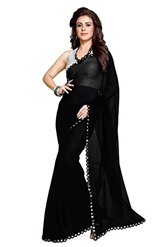 Mirchi Fashion Women's Plastic Mirror Border Indian Saree with Un-stitched Blouse