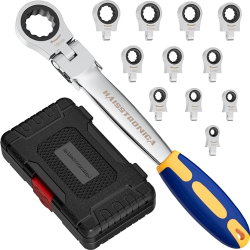 haisstronica Juego de llaves combinadas de trinquete 12 en 1 con cabezales intercambiables de 8 a 19 mm, herramienta de llave de trinquete de cabeza flexible métrica para automóvil, herramientas para