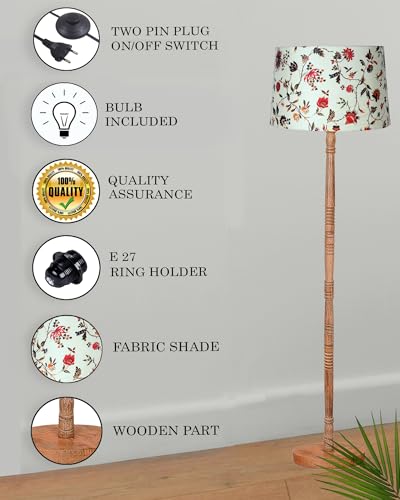Image of Homesake Mid Century Modern Floor Lamp for Living Room | Hand Turned | Corner Lamp for Living Room, Stand Lamp with Fabric Lampshade for Bedroom, Study Room and Office, (Vine and Flowers)