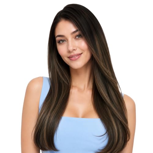 Image of Moresoo Seamless Injected Tape in Hair Extensions Brown Highlights 22 Inch