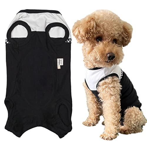 KUVEELA PET 術後服 犬 服 犬用品 術後ウェア 術後カバー服 エリザベスカラーの代わる 保護服 雄 雌兼用 避妊 離乳 傷口保護 皮膚病 通気 夏用 小型犬 中型犬(ホワイト+ブラック、SS)