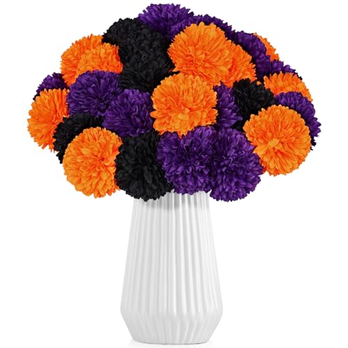 LPREUTWN 36 Pcs Halloween Artificial Flowers Halloween Chrysanthemums Ball Silk Flowers Black Orange Purple Fake Hydrangea for Halloween Party Home Table Centerpieces Vase Decor