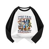イタリアンブレインロット 長袖Tシャツ 子供服 キッズ 可愛い 春秋服 綿100% 丸首 トゥントゥントゥンサフール ブレインロット 男の子 女の子 夏 春 子ども服 トップス カラフルプリント トップス (ホワイト+ブラック,120)
