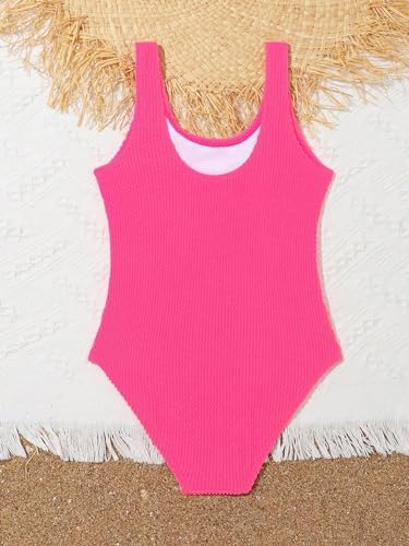 Image of MakeMeChic Girl's One Piece Bathing Suits Solid Scoop Neck Smocked Swimsuits Swimwear Hot Pink 9Y