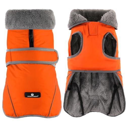 Image of Dogcheer Dog Coat, Waterproof Dog Jacket Reflective Pet Winter Coat with Adjustable Hook & Loop, Christmas Puppy Fleece Jacket Warm Turtleneck Snowsuit for Small Medium Large Dogs - Orange, M