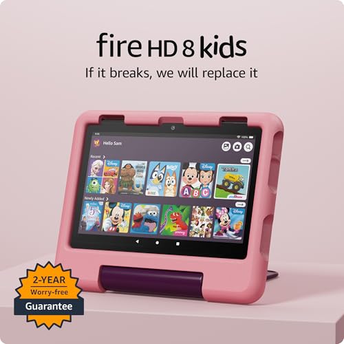 Image of Amazon Fire HD 8 Kids tablet (newest model), ages 3-7. With bright 8 inch HD screen. Includes ad-free and exclusive content, parental controls and 13-hr battery, 32GB, Disney Princess