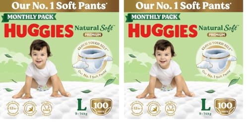 Image of Huggies Natural Soft Premium Baby Diaper Pants, Our No.1 Soft Pants, Large (L) Size (9-14 Kgs), Monthly Pack of 200 diapers | Cloud Softness All over with India's 1st Cloud Touch Belt