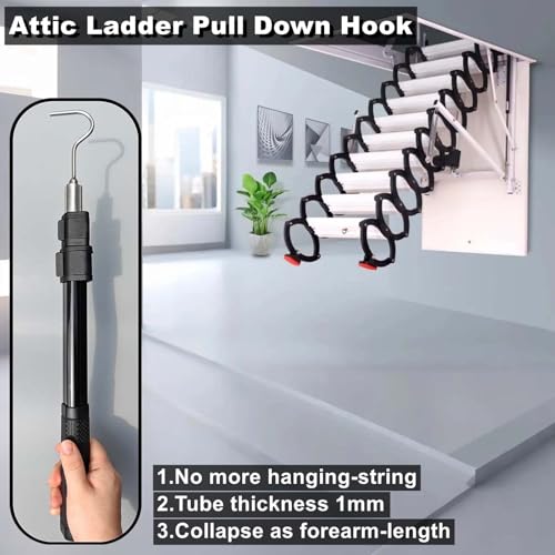 Image of Extendable Attic Pull Down Hook, Ladder Door Stairs Puller System Kit Rod Pole, Replacement for Ropes Cord String with Stainless Steel Ring Handle
