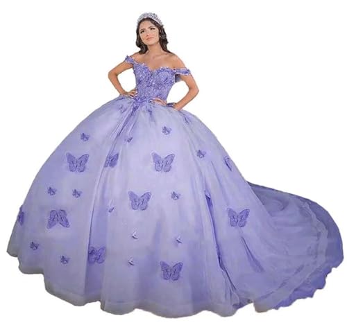 ZVOCY 3D Butterfly Quinceanera Dresses with Train Off Shoulder Ball Gown Beaded Sweet 15 16 Prom Princess Dresses