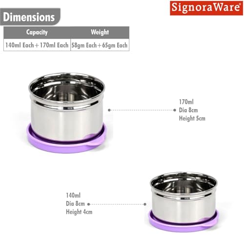 Image of Signoraware Mini Fresh Stainless Steel Container | Airtight & Leakproof | Ideal for Snacks, Kids Lunch, Kitchen Storage & Travel Use (170mlx2 + 140mlx2 | Set of 4 | Magenta)