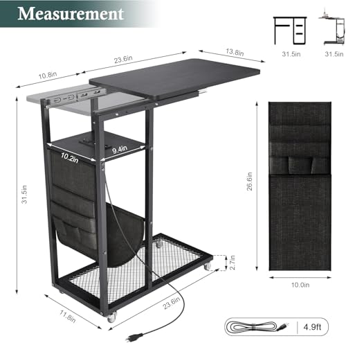Image of Colima C Shaped End Table with Charging Station (Black, Extra Large)