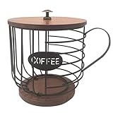 Rustikaler Kaffeepadhalter mit großer Kapazität, schwarzer Draht, Tassenaufbewahrung, Holzdeckel, rund, Kaffee, Küchenarbeitsplatten mit Pads und Weinglas Halterung Rustikal (D, One Size)