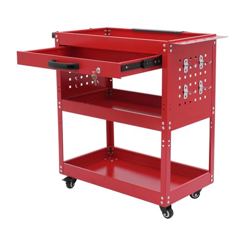 Servante d'atelier à 3 niveaux en acier - Chariot à outils roulant avec capacité de charge de 250 kg - Tiroir avec serrure, 4 roues (2 verrouillables) et boîte supplémentaire pour atelier, industrie